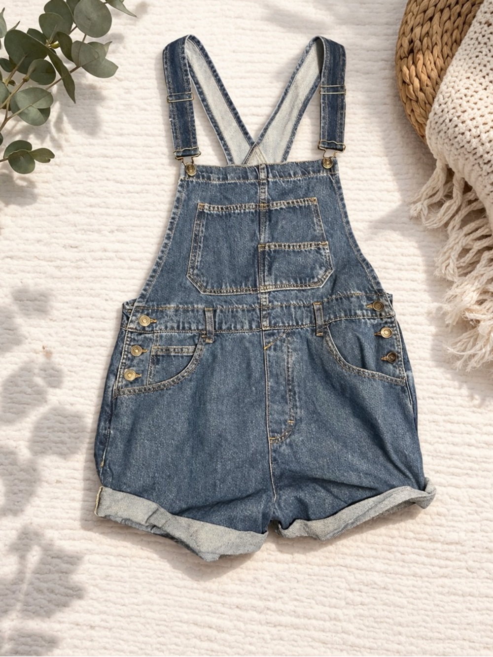 We The Free Light Blue Denim Overalls with Gold Stitching